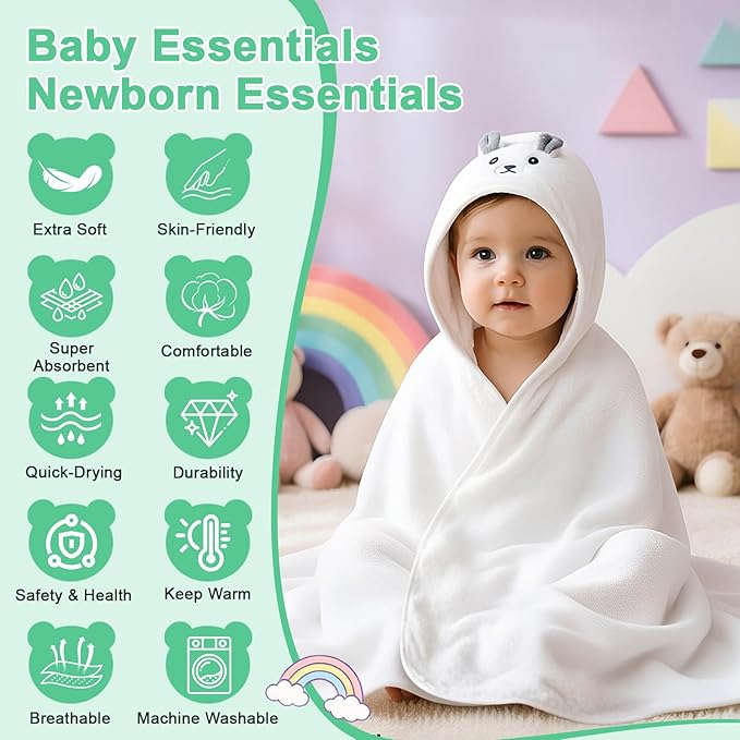14PCS Baby Bath Towels Set, Includes 4 Hooded Towels (31.5”x31.5”) & 10 Washcloths, Ultra Soft & Absorbent Coral Fleece, for Newborn to Toddler, Essential