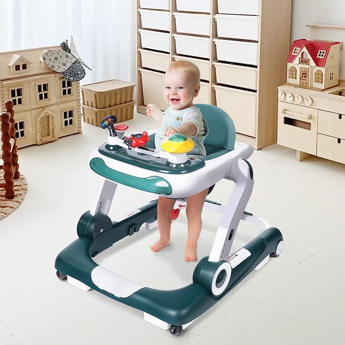 Kinder King Baby Walker with Music & Lights, 5 in 1 Baby Activity Walker with Wheel, Adjustable Height & Seat, Learning-Seated & Toddler Walk-Behind, Safety Bumper, Infant Walker Anti-Rollover, Green