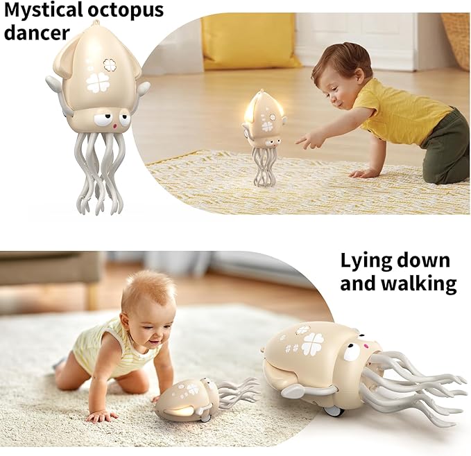 Electric Dancing Octopus Toy with Led Light and Music, Kids Electric Crawling Octopus Tummy Time Toys, Rechargeable Interactive Sensory Toy, for Christmas Birthday Gift (White)