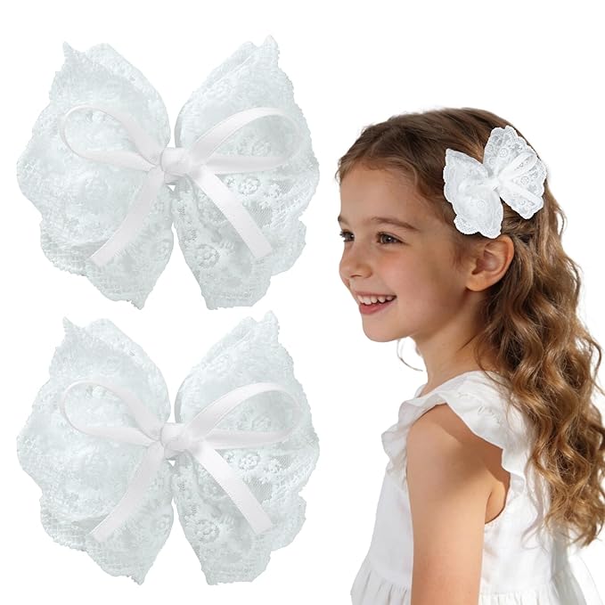 2pcs white hair bow clips for girls. White lace bow with hair ribbon, fully lined alligator clips. Handmade hair accessories for girls.