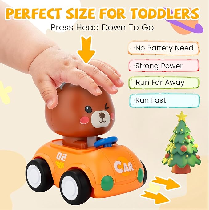 Press and Go Car Toys for Toddlers 1-3, 4 Pack Friction Powered Baby Push Cars, Infant Play Vehicle Set for 6-9-12-18 Months, 1st Birthday Gifts for 1-2 Year Old Boys Girls