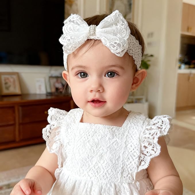 Baby Girls Headband White Bow Lace Headbands Soft Elastic Bowknot Hairbands Cute Hair Accessory for Newborn Kids Infant Toddler Baptism Birthday Party (Rhinestone Pearls)