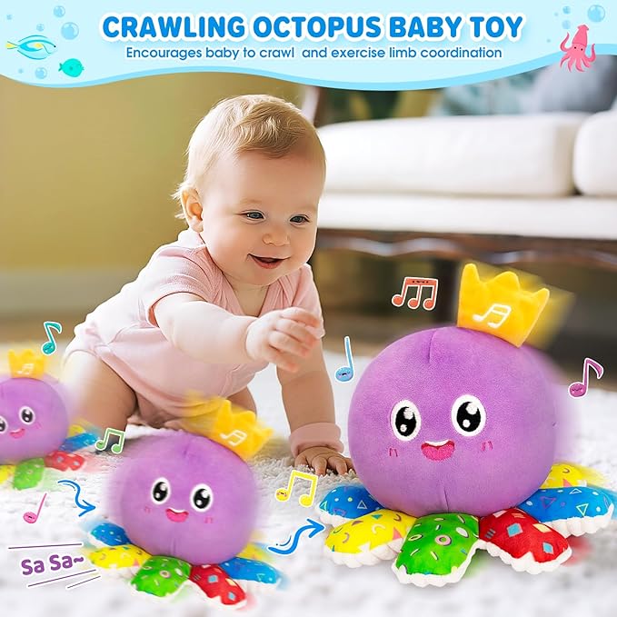 IJIGU Baby Toys 6-12 Months, Infant Musical Crawling Octopus Plush Toy, Interactive Tummy Time Sensory Toy for Babies 6-18 Months, Toddler Gift for Boys Girls