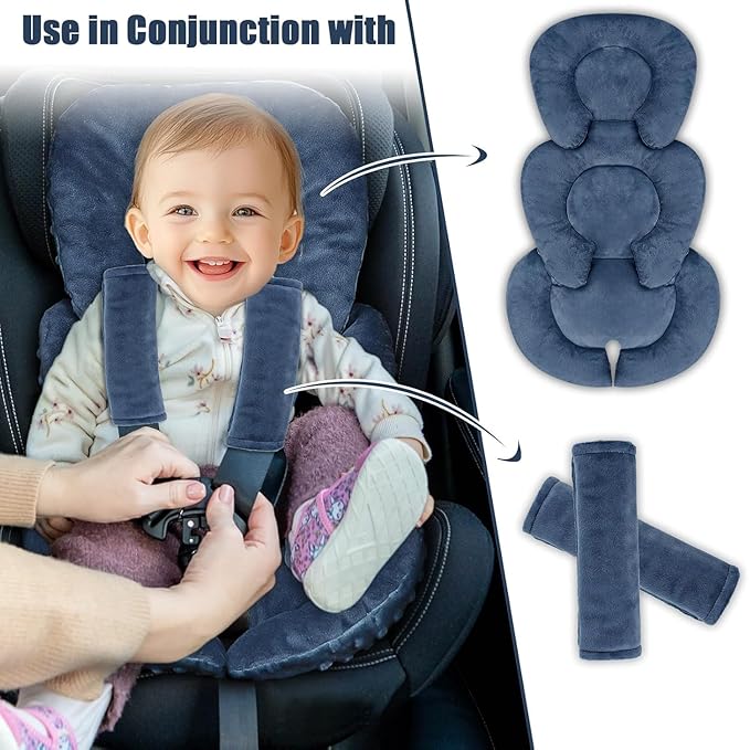Infant Car Seat Insert Head and Body Support, GFU Reversible Newborn Insert for Carseat with Strap Pads, Soft Stroller Cushion Pillow Insert for Boys and Girls, Fits for Stroller, Swing, Blue