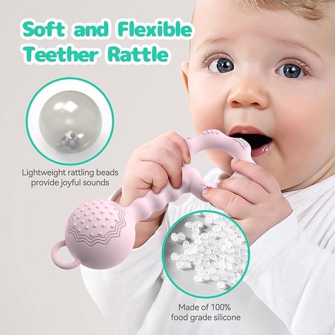 2 Pcs Baby Rattle Teether, 2-in-1 Rattle and Teether Toy for Soothing Sore Gums and Keeps Little Ones Entertained, Food Grade Silicone (Spearmint+Pink)