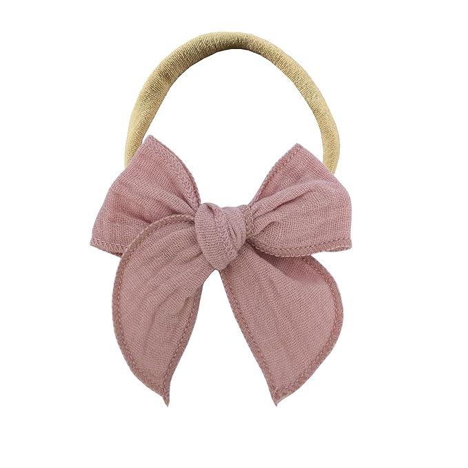 Sugarmelon Original Cotton Gauze Headband for Newborn Toddler Infant Baby Girl Kids Muslin Cotton Hair Bow Headbands Turban Elastic Hair Bands (2 pcs Dusty Pink)