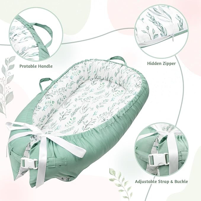 DILIMI Baby Lounger Cover, Cotton Baby Nest Replacement Cover for Girls Boys, Soft Breathable Reversible Newborn Lounger Cover, Green Leaf (Only Cover)