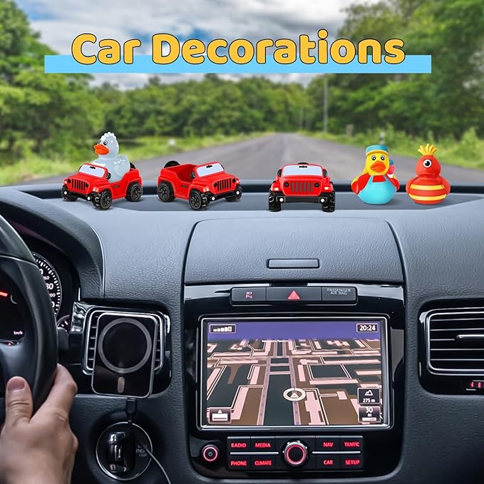 ANGGIKO 3.5 Inch Red Car Toy Match Most 2 in Rubber Ducks, Ducks for Jeeps, Vehicle Toys for Car Dashboard Decorations Accessory Rubber Duck Collection, Easter Basket Stuffers for Kids Party Favors