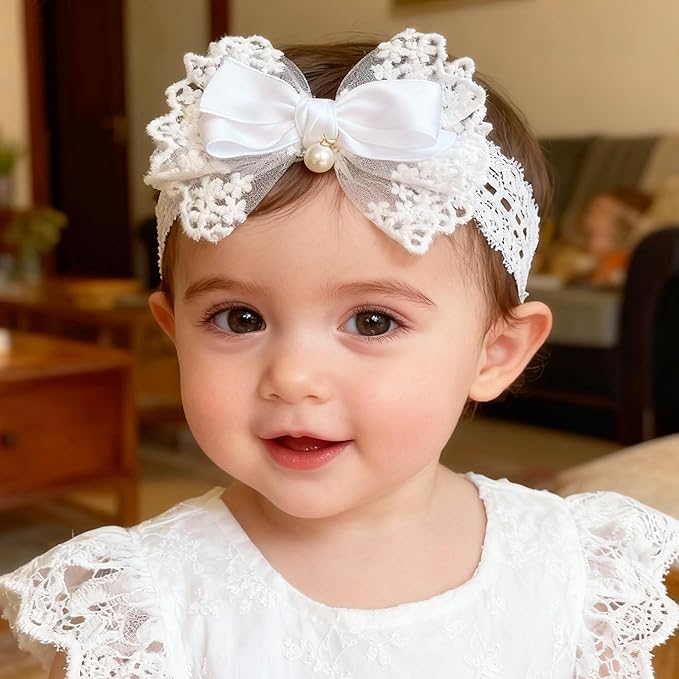 Baby Girls Headband White Bow Lace Headbands Soft Elastic Bowknot Hairbands Cute Hair Accessory for Newborn Kids Infant Toddler Baptism Birthday Party (Lace Pearl)