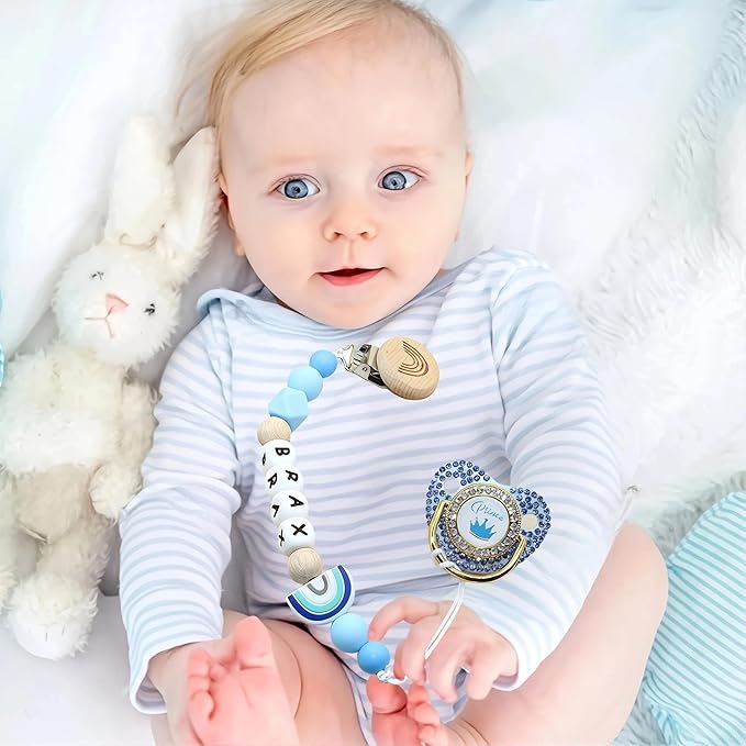 Personalized Pacifier Clip with Name Custom Stroller Clip Silicone Pacifier Chain Holder Clips (Rainbow)