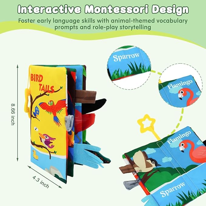 Baby Cloth Book Toys with Tails, Stroller Soft Toys for Infant Baby 0-18 Months (Flying Animals)