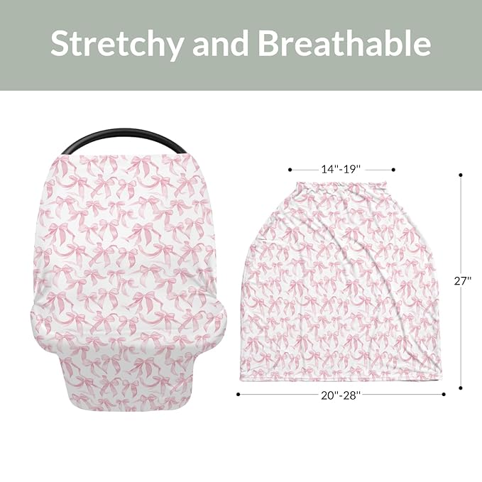 Pink Valentine's Bows Car Seat Cover for Babies Girl Bows Stretchy 5-in-1 Cover Adjustable Infant Carseat Cover Canopy Breathable Baby's First Valentine's Day Nursing Cover-Up
