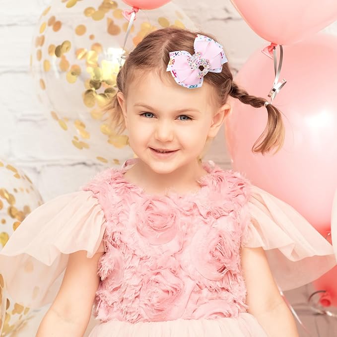 2pc Happy Birthday Ribbon Hair Bow Clips Barrettes,3.5" Glitter Pink Sprinkle Alligator Hairpins for Girls Teens Toddlers Kids 5th Birthday Party Dress Accessory Gifts