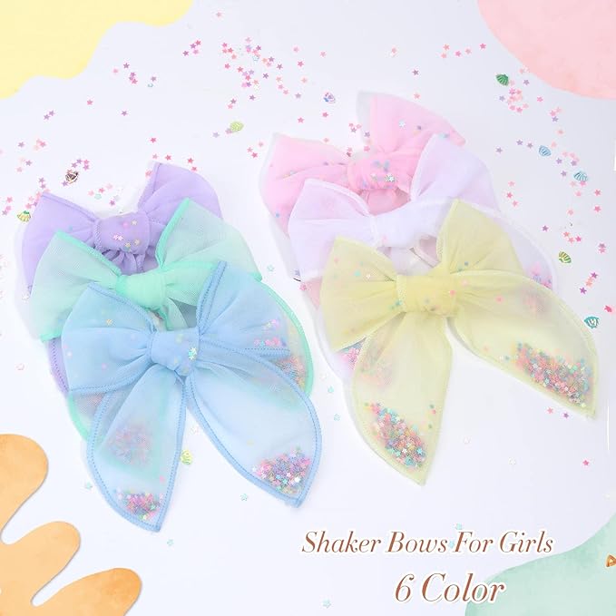 6 PCS Tulle Hair Bows for Girls, CN Toddler Bows with Glitter Star Alligator, Colorful Hair Barrettes Wedding Hair Grips Accessories for Baby Girls Infants Toddler Teens Party (Type A)