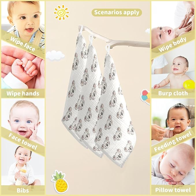 vvfelixl Cartoon Koala Bear Face Baby Burp Cloths Baby Muslin Washcloths for Boys Girls Cotton Babys Face Towel for Newborn Infants Soft and Absorbent 11.8 X 11.8 in, 5 Pack