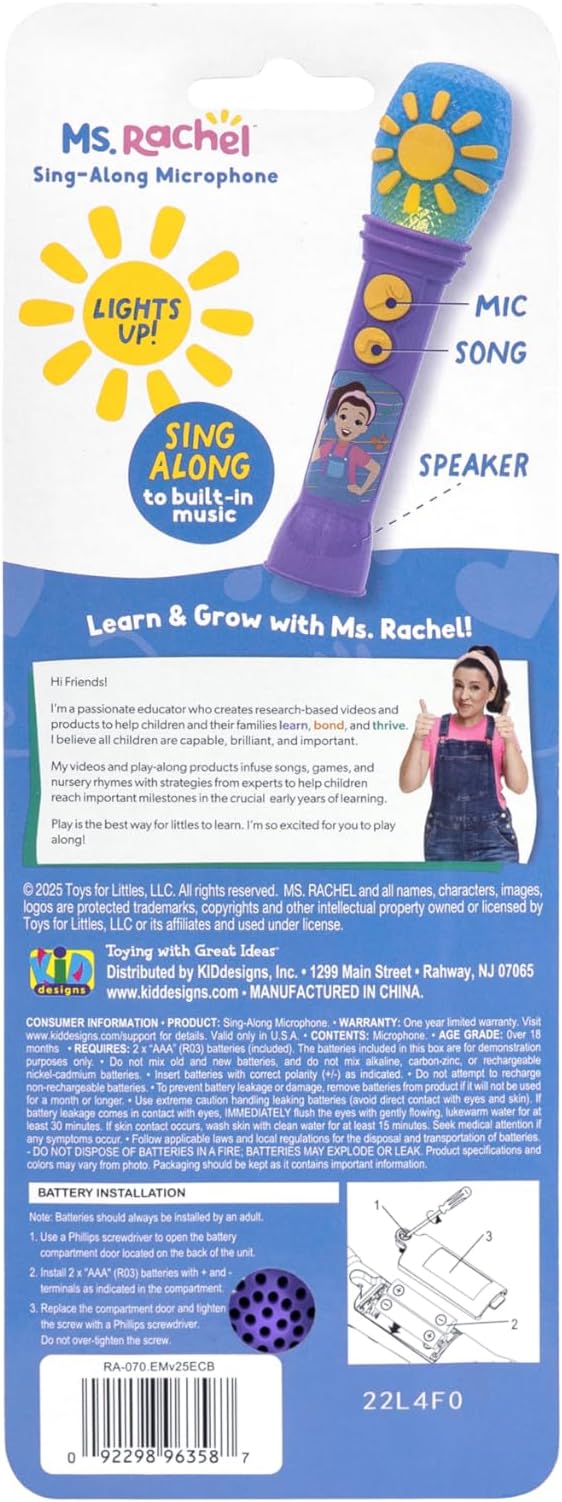 eKids Ms Rachel Toy Microphone for Kids, Includes Built-in Music and Lights, Toddler Toys (Purple)
