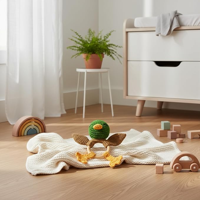 Wooden Baby Rattle for Boys and Girls, Crochet Stuffed Animal for Newborn, 3 4 5 6 Month Toys, Mallard Duck