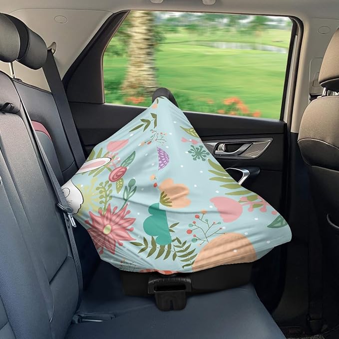 Cute Rabbit Floral Print Car Seat Canopy for Baby Infant,Easter Theme Nursing Cover Multi Breastfeeding Scarf,Shopping Cart/High Chair/Stroller Covers