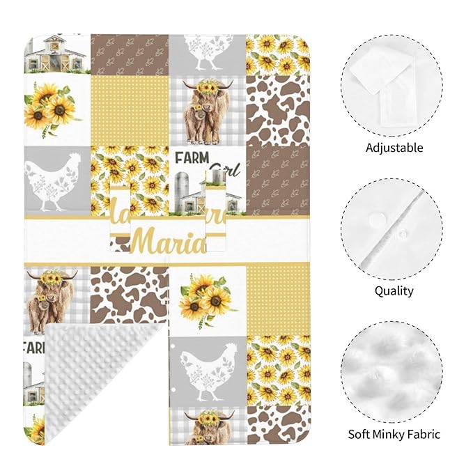 Personalized Baby Car Seat Canopy for Boys Girls, Custom Name, Sunflower Cow Pattern, Water Resistant, Polyester, Car Seat Cover