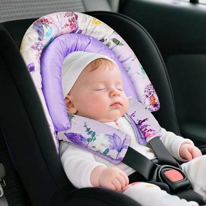 Baby Car Seat Head Support & Strap Covers, Upgraded 2-in-1 Infant Car Seat Insert Cushion for Newborn Girls, Mesh & Minky Fabric, Perfect for Carseat, Stroller, Swing, Extra Soft, Purple