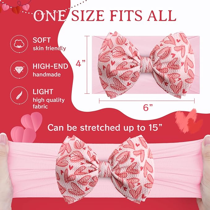 Valentines Bows for Baby Girls 6'' Large Nylon Headband Handmade Hairbands with Bows Red Light Pink Heart Baby Valentines Day Gifts Hair Accessories Kids