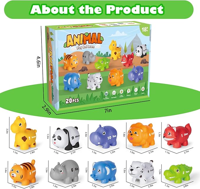 Learning Toys for 2 3 4 Year Old, 20 Pcs Number Matching Game with Digital English, 10 Different Animal Figures, Preschool Activities Montessori Fine Motor Toys for Toddlers Kids