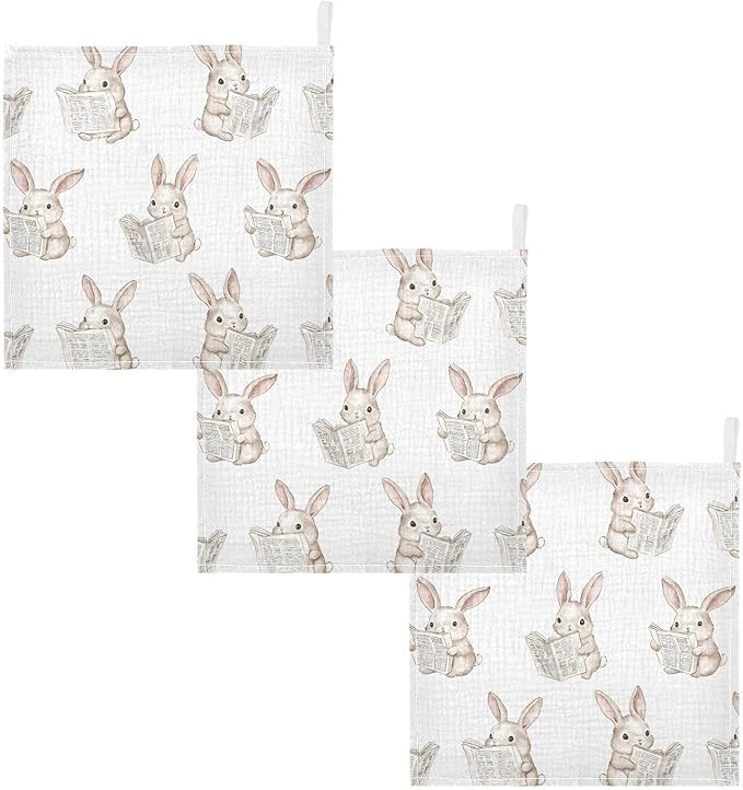vvfelixl Baby Muslin Washcloths Bunny Reading Newspapers Baby Burp Cloths Cotton Babys Face Towel for Newborn Infants Boys Girls Soft and Absorbent 11.8 X 11.8 in, 3 Pack