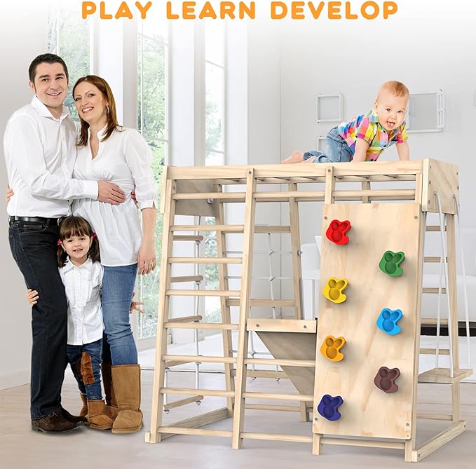 Indoor Jungle Gym, Toddler Climbing Toys Indoor, Indoor Playground Climbing Toys for Toddlers, Climber Playset with Slide, Climbing Rock/Net, Monkey Bars, Drawing Board, Abacus Game and Swing