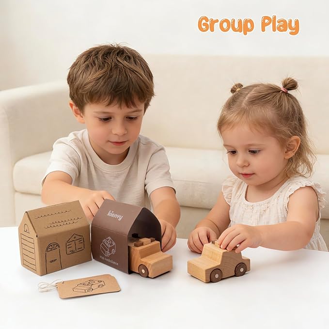 Wooden Toy Cars for 3 Year Old Boys & Girls - Construction Vehicles Set Push Toys for Toddlers, Wood Montessori Car with Rolling Wheels, Natural Wood Toys (Ambulance & Police Car)