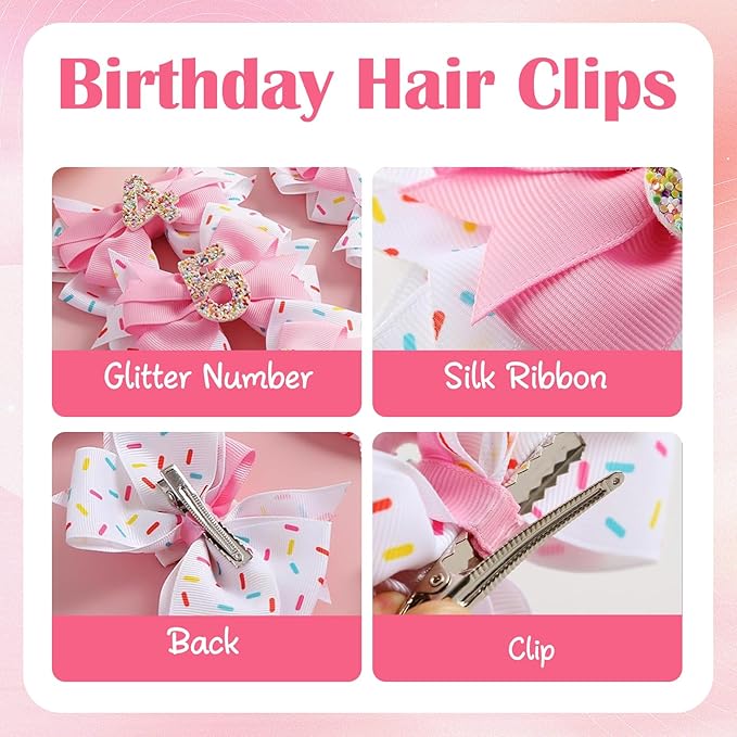 2 Pack 4th Birthday Hair Bow for Girls, Pink Hair Clips Hair Accessories for Girls 1 2 3 4 5 6 Years Birthday Confetti Ice Cream Party Supplies Decorations
