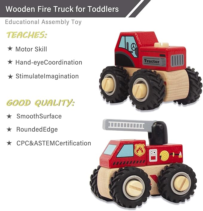 Construction Vehicles for Toddlers, 2 Pcs Wooden Detachable Assemble Cranes and Tractor, Kids Vehicle Toys Hand Push Car Toys for 3 Years Old Boys Girls