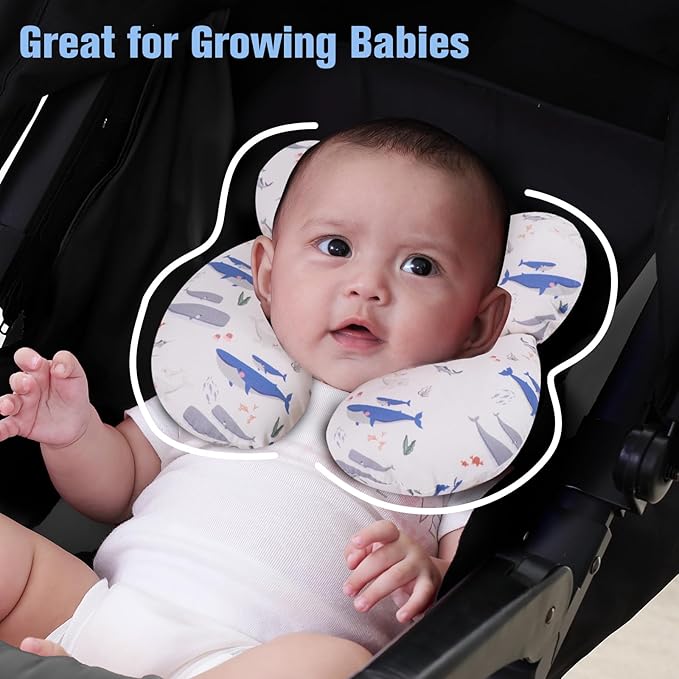 KAKIBLIN Baby Travel Pillow,Upgraded Baby Neck Pillows for Car Seat,Support Pillow,Infant Pillows for Head and Neck,Newborn Head Support for Car Seat,Stroller, Pushchair (Whale)