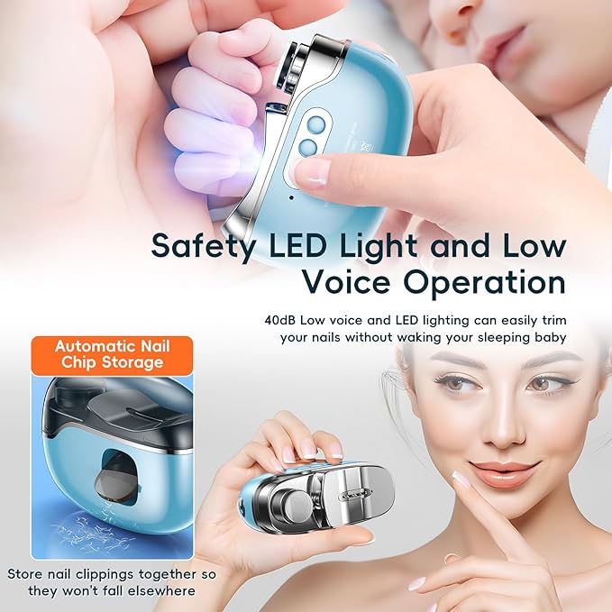 Electric Nail Trimmer, Safe & Easy Electric Nail File, Baby Nail Clipper & Nail Trimmer Kit for Newborn, Toddler, or Children Fingernails LED Light, Storage Case (Blue)