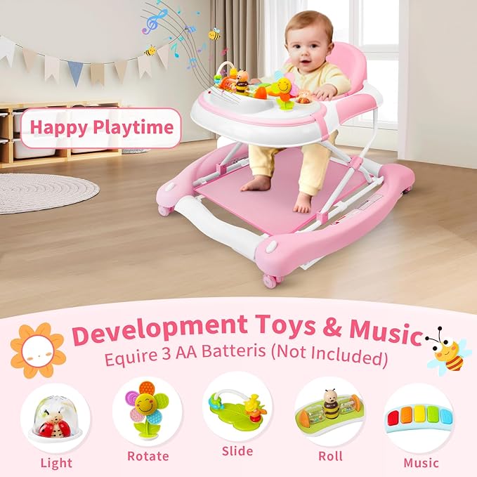 5 in 1 Baby Walker, Music and Lights Walker for Baby Boy Girls 6-12 Months, Foldable Baby Walkers with Wheels and Bouncer Combo Portable, Toddler Infant Walker with Adjustable Height
