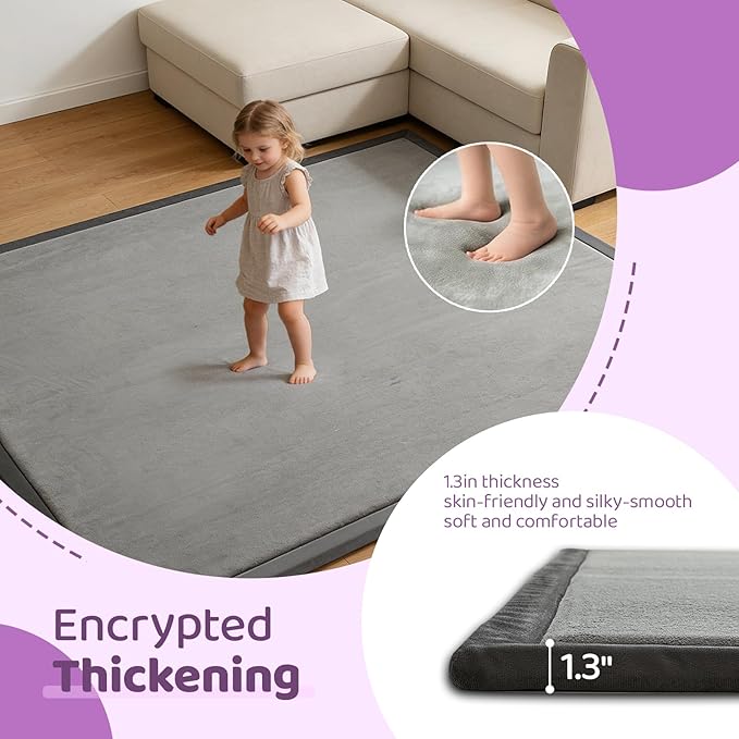 Baby Play Mat for Floor, 1.3 Inch Thick Memory Foam Tummy Time Mat with Non Slip Backing, Soft Coral Velvet 71X79 Inch Playpen Mat Crawling Tatami for Infants Toddlers Kids, Dark Gray