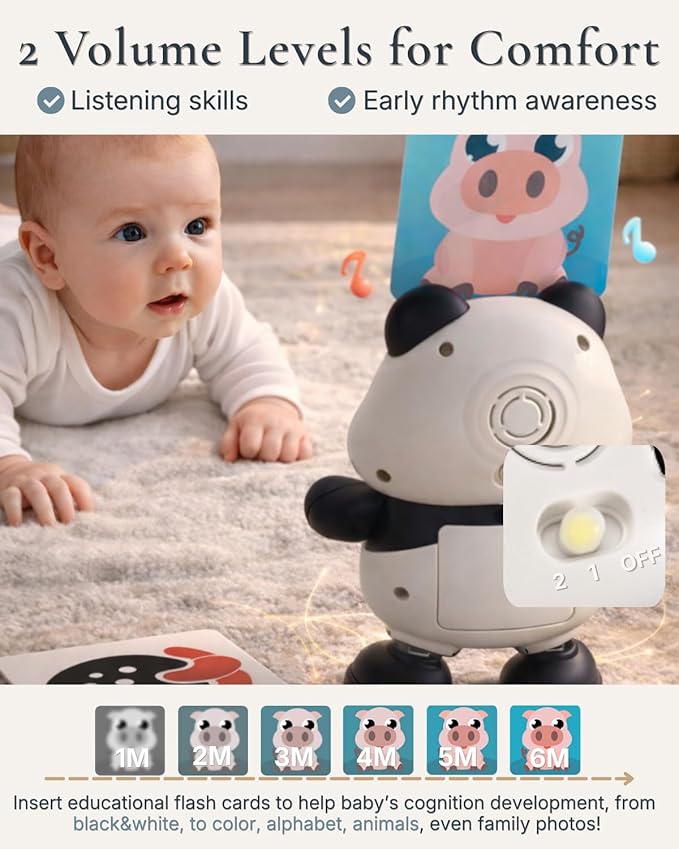 Cuddobaby Dancing Panda | 0-6M 6-12M Musical Toys, Changing Lights| Independent Tummy Time | Hands-Free High Contrast Flash Card Holder for Newborns, Crawling Encourage for Infants