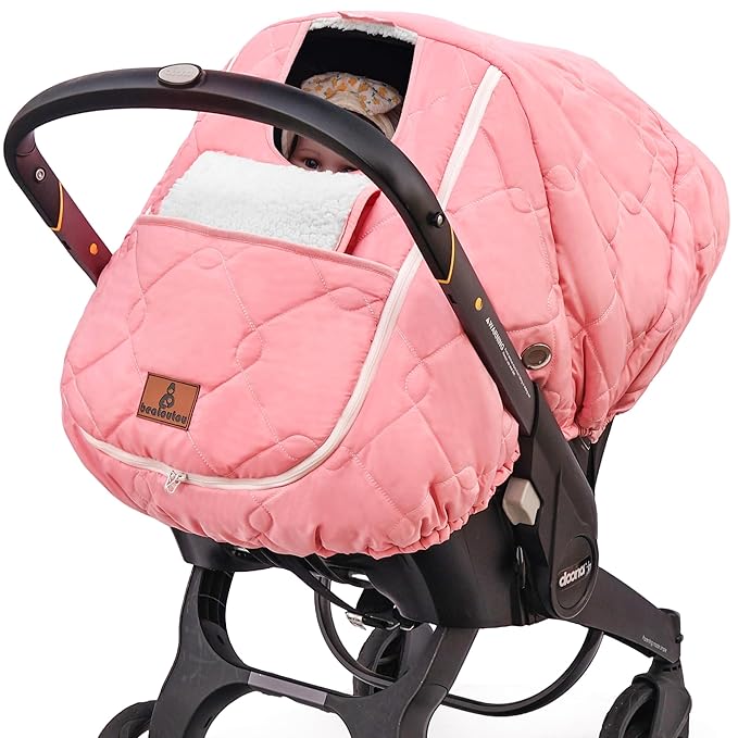 Winter Carseat Cover for Baby，Waterproof Baby Car Seat Cover Compatible with Doona Car Seat and Stroller，Cold Weather Warm Car Seat Covers for Babies, Keeps Babies Warm and Cozy (Pink)