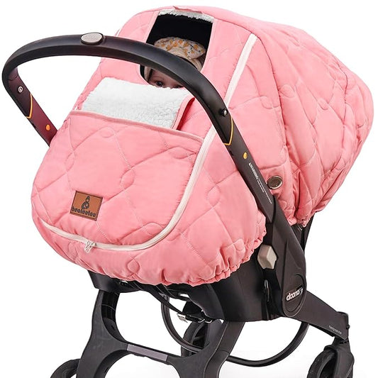 Winter Carseat Cover for Baby，Waterproof Baby Car Seat Cover Compatible with Doona Car Seat and Stroller，Cold Weather Warm Car Seat Covers for Babies, Keeps Babies Warm and Cozy (Pink)