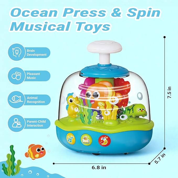 MoraBaby Baby Toys 6-12-18 Months, Press & Spin Ocean Musical Light Up Toy | Bilingual Learning Educational Cause and Effect Toy for 1 Year Old Boy & Girl, Birthday Gifts for 1-3 Year Old