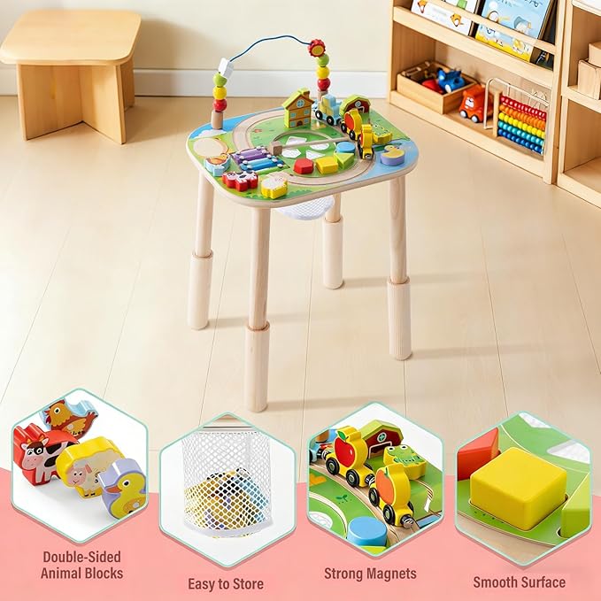 Montessori Activity Table for 1 Year Old, 9-in-1 Wooden Activity Table with Adjustable Height, Train, Shape Sorter, Xylophone, Baby Sensory Educational Learning Toys, Birthday Gift (Farm)
