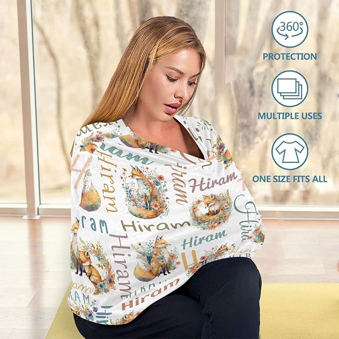 Personalized Monogram Name Baby Car Seat Covers for Girls Boys, Customized Cute Fox Carseat Cover, Breathable Nursing Cover Breastfeeding Scarf, Multi-Use Stroller Canopy for Newborn Infants