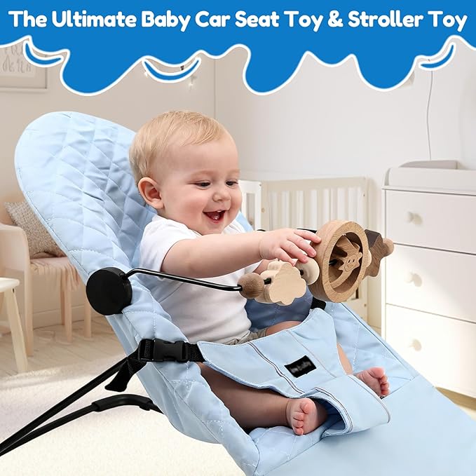 Natural Wooden Activity Toy Bar for Baby Bjorn Bouncer, 360° Rotating Smiling Moon Hanging Toys for Infant Car Seat & Stroller, Sensory Development Toy 0-12 Months