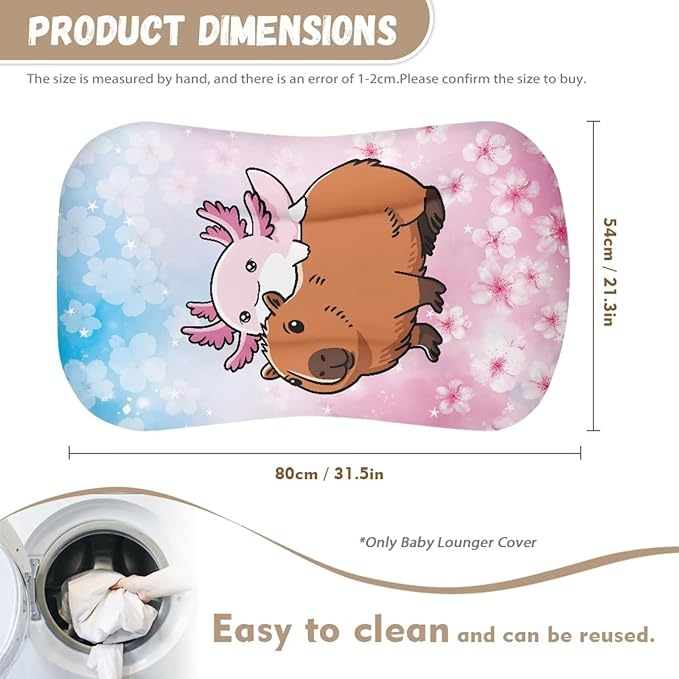 Capybara Axolotl Baby Lounger Cover for Boys Girls, Cherry Blossoms Newborn Infant Lounger Covers 31.5'' x 21.3'' Soft and Breathable Nest Replacement Slipcover