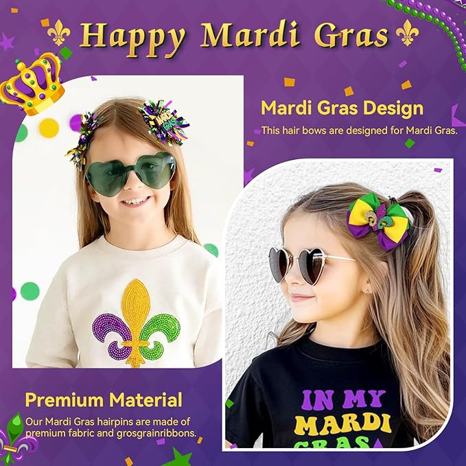 CN 4 PCS Mardi Gras Hair Bows for Girls, Purple Yellow Green Hair Clips Glitter Grosgrain Ribbon Bows with Alligator Clips,Mardi Gras Hair Accessories with Mask for Toddler Kids Teens Parade