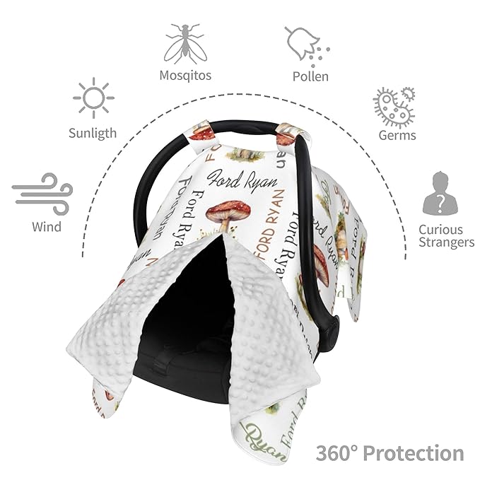 Personalized Baby Car Seat Canopy with Name Custom Minky Mushroom Car Seat Covers Nursing Cover for Breastfeeding Multi-Use Cover Infant Carrier Carseat Winter Cover for Newborn Girls Boys