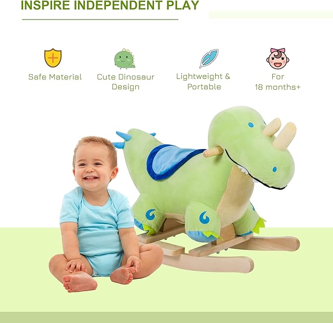 Qaba Kids Plush Ride-On Rocking Horse Toy Dinosaur Ride on Rocker Green with Realistic Sounds