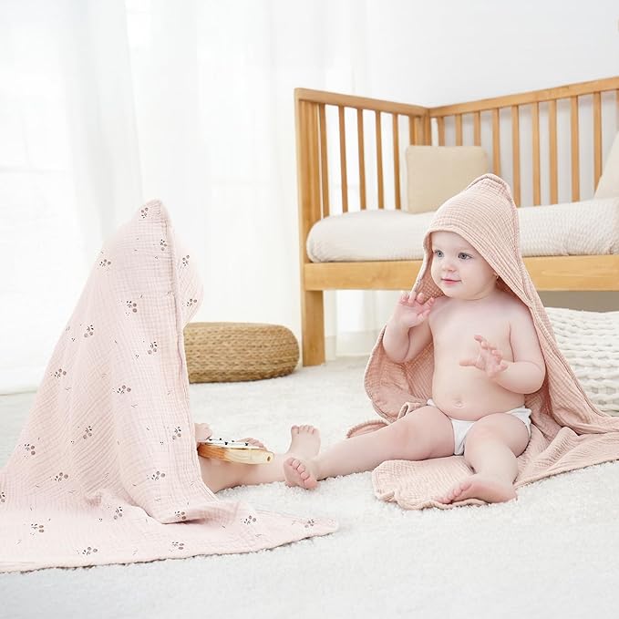 Susurration 2 Pack Thick Muslin Baby Towels, 100% Cotton Soft and Absorbent Baby Bath Hooded Towel for Newborn, Infant, Girls, Boys, Baby Essentials