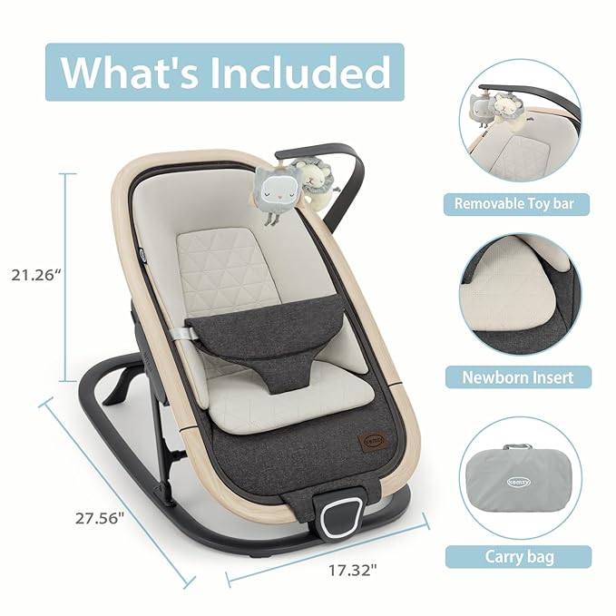 Noah 2-in-1 Baby Bouncer & Rocker - Portable Reclining Chair with Cushion & Toys for Infants 0-9 Months, Charcoal