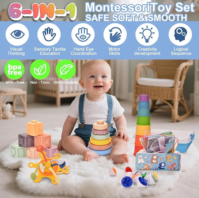 Baby Toys 6-12 Months,Montessori Toys for 6-9-12 Month old,6-in-1 Sensory Toys Stacking Cups Building Blocks,Teething Pull String,Tissue Box Toys for Babies 6-9-12,18-24 Months,1-3 Year old Baby Gifts