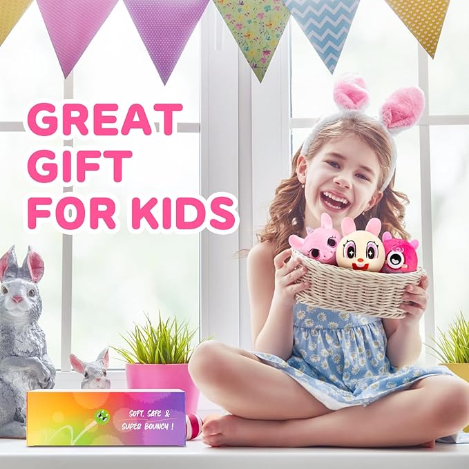 PlayZap Bouncy Balls 3" Large Size with Easter Bunny Stuffed Animal- Easter Basket Stuffers for Toddler Sensory Toys BPA-Free Safe Toys Gifts for Kids Boys Girls 1-3 3-5 5-8